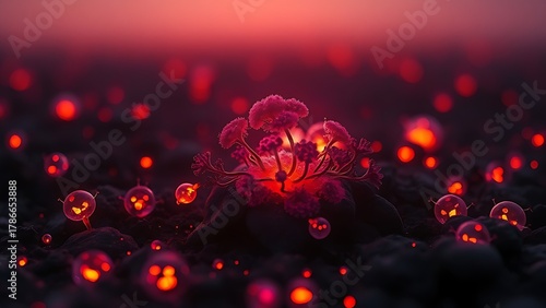 malignant. A glowing malignant growth being starved of its vibrant nutrient streams on a dark field. STEM education sheets.