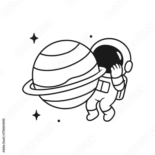 Astronaut floating next to a planet. Hand-drawn coloring pages