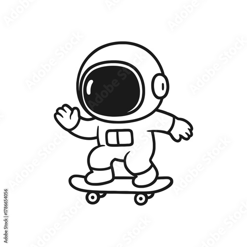 Astronaut skateboarding alone. Hand-drawn coloring pages