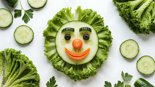Funny veggie face, cucumber, lettuce, healthy food art