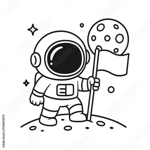 Astronaut planting a flag. Hand-drawn coloring pages