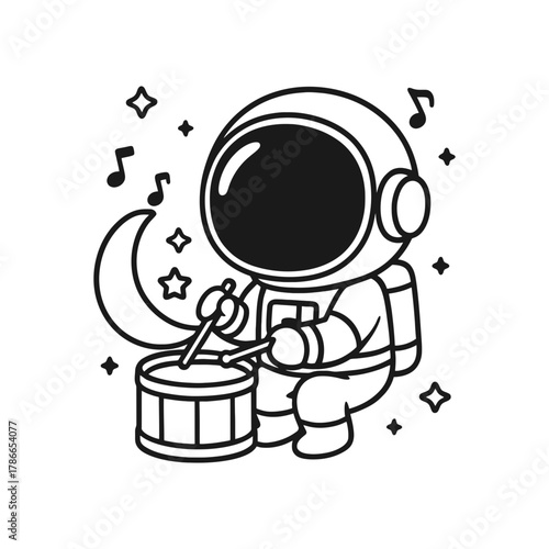 Astronaut playing drums by himself. Hand-drawn coloring pages