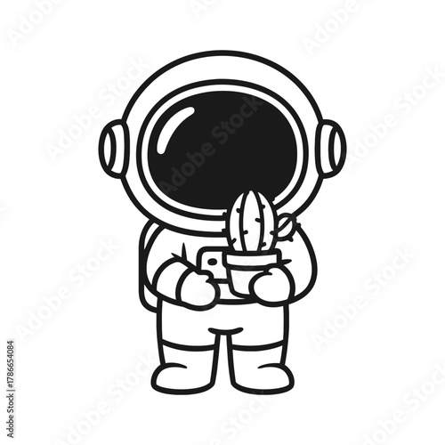 Astronaut carrying a cactus. Hand-drawn coloring pages