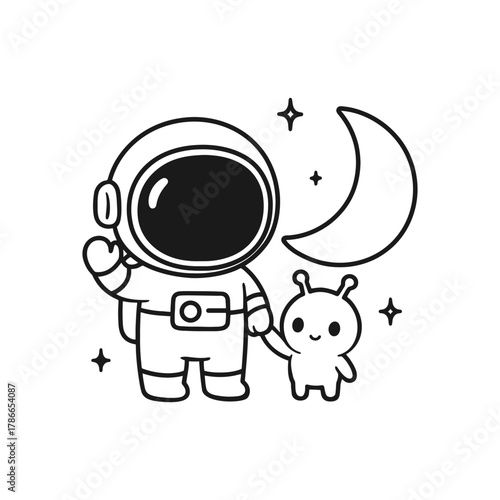 Astronaut with alien child. Hand-drawn coloring pages