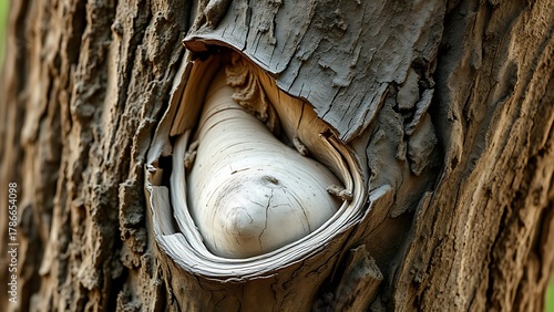 custodianship. Close-up of tree trunk with abnormal swelling and torn bark, textured botanical imperfection. gardening catalogs, home-decor guides, designed for gardening and botanical catalogs.