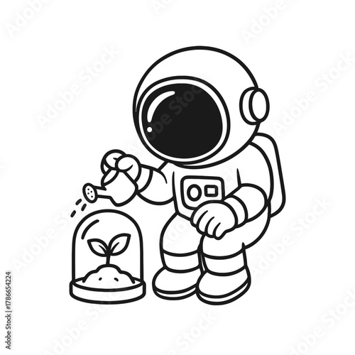 Astronaut watering a tree. Hand-drawn coloring pages
