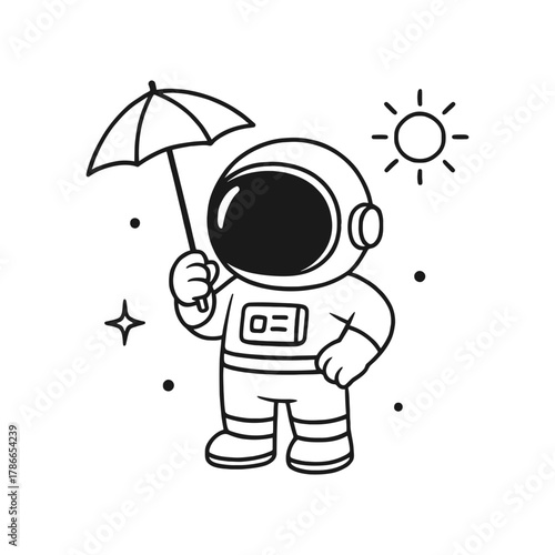 Astronaut carrying an umbrella. Hand-drawn coloring pages