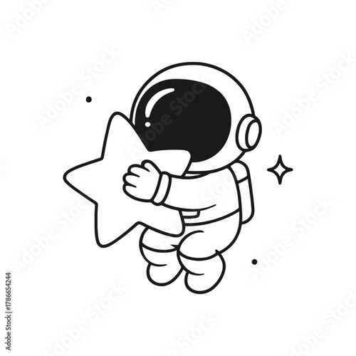 Astronaut hugging a star. Hand-drawn coloring pages