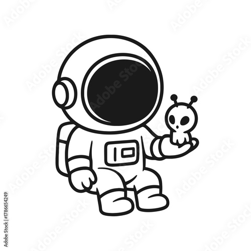 Astronaut with little alien. Hand-drawn coloring pages