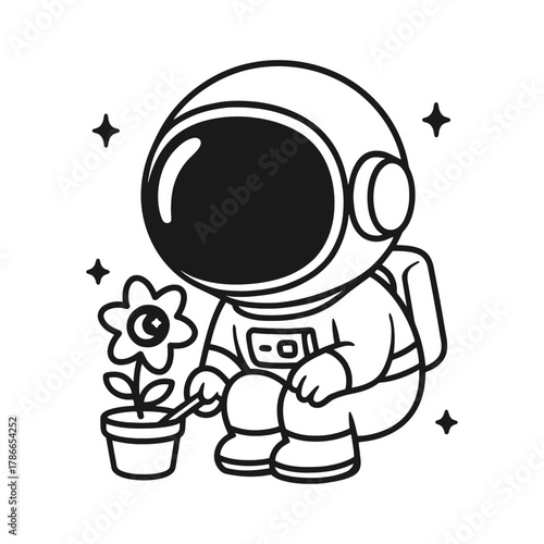 Astronaut looking at a tree. Hand-drawn coloring pages