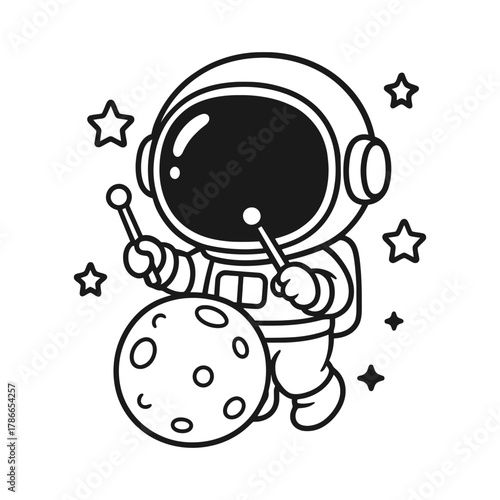Astronaut playing meteor drum. Hand-drawn coloring pages