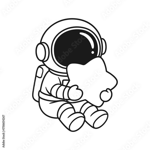 Astronaut sitting with the stars. Hand-drawn coloring pages