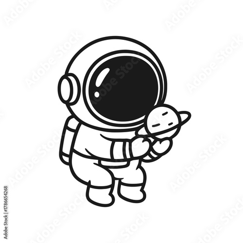Astronauts carrying small planets. Hand-drawn coloring pages