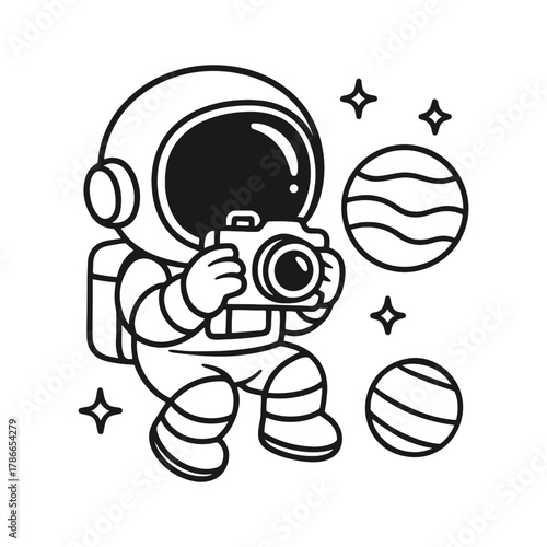 Astronauts taking photos. Hand-drawn coloring pages