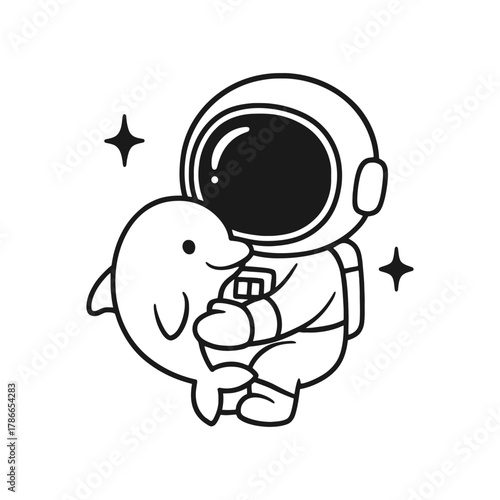 Astronauts playing with dolphins. Hand-drawn coloring pages