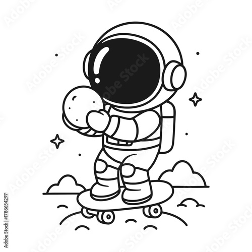 Astronauts playing on a slide. Hand-drawn coloring pages