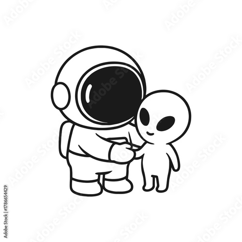 Astronaut shaking hands with alien. Hand-drawn coloring pages