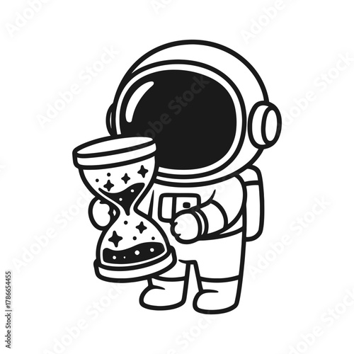 Astronaut carrying an hourglass. Hand-drawn coloring pages