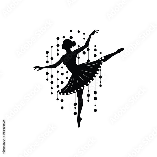 Graceful black silhouette of a ballet dancer in an elegant arabesque pose, her tutu flowing amidst a delicate curtain of hanging dots