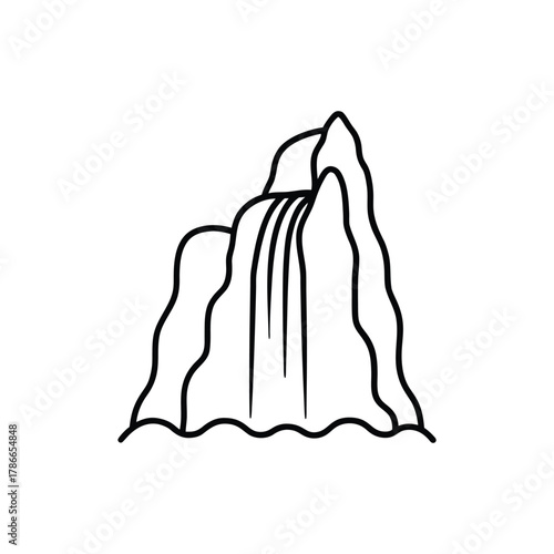Elegant waterfall line art design, depicting cascading water flowing gracefully over rock formations into a serene pool, perfect for nature-themed projects