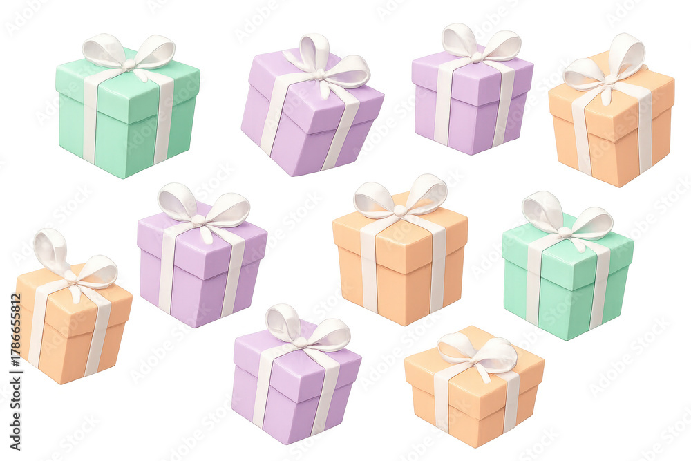 Obraz premium Group of stylized gift boxes in soft pastel colors, tied with white ribbons, perfect for surprising and celebrating