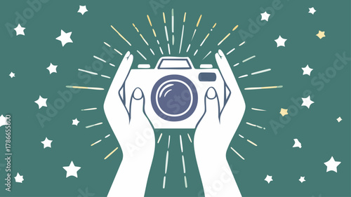 A creative illustration of two hands holding a camera, surrounded by shining light rays and stars on a green background, symbolizing the magic of photography.
