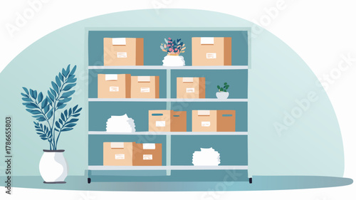 A minimalist illustration of an organized metal shelving unit filled with cardboard boxes, decorative plants, and various items in a clean interior space.