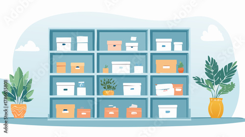 Illustration of a white shelving unit filled with various boxes and containers, flanked by potted plants against a light blue background.