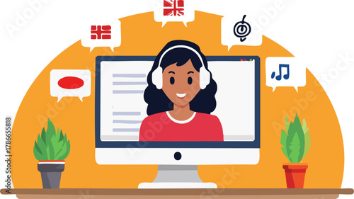 Online education concept with a smiling woman wearing headphones on a computer, surrounded by diverse language and music icons.