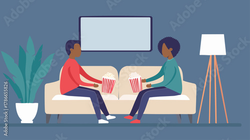 An illustrated couple sits on a sofa with popcorn, enjoying a movie night at home in their living room.