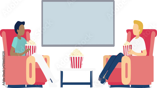 Two people seated in armchairs watch a screen, enjoying popcorn.