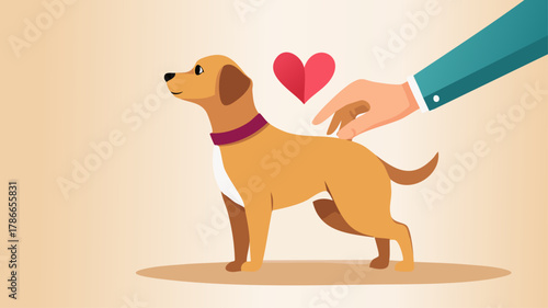 A human hand gently petting a cute brown dog on the back, with a red heart symbolizing love and affection.