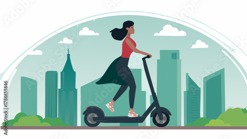 A woman with dark hair rides an electric scooter in front of a stylized cityscape with buildings and clouds.