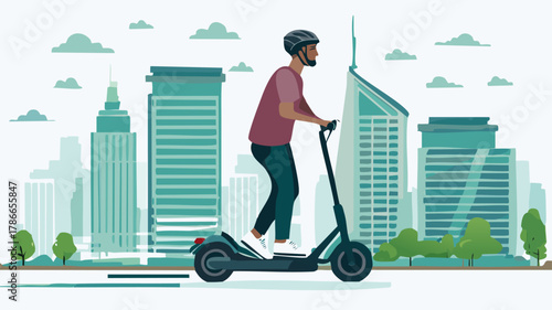 A man wearing a helmet rides an electric scooter through a modern city with a skyscraper skyline.