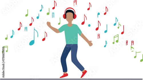 A young person with headphones dances joyfully, surrounded by an arc of colorful musical notes.