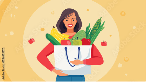 Smiling woman holds a shopping bag overflowing with fresh, colorful fruits and vegetables.