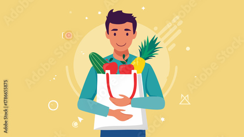 A smiling person holding a shopping bag filled with fresh fruits and vegetables.