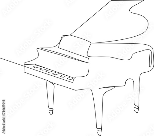 One continuous line drawing of a grand piano. Minimalist music instrument design, elegant linear style, simple black outline illustration on white background.