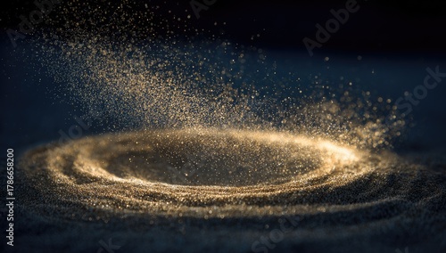 Golden dust swirls, creating a mesmerizing circular vortex