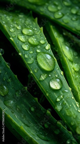 Raindrops glisten on lush green aloe vera leaves after a refreshing rain shower in a tropical garden during the early morning