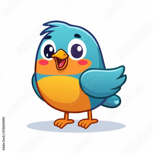 Adorable Cartoon Bird with Bright Blue Feathers and a Sunny Orange Belly, Smiling Happily, a Cheerful Character Illustration
