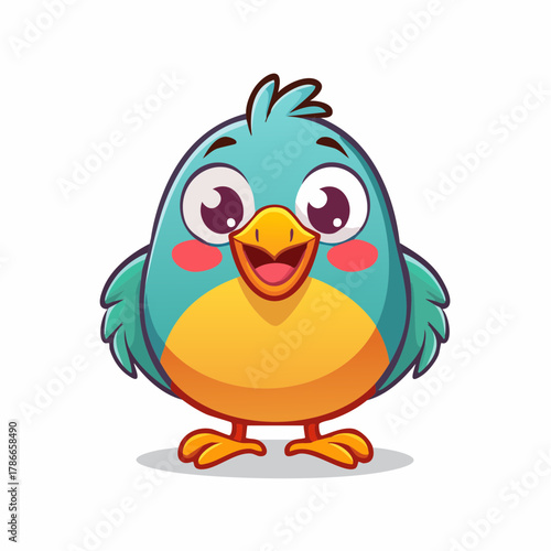 Cute Bird Cartoon, A Cheerful Teal Character With A Yellow Belly And Bright Pink Cheeks, Standing Smiling On A Clean White Background