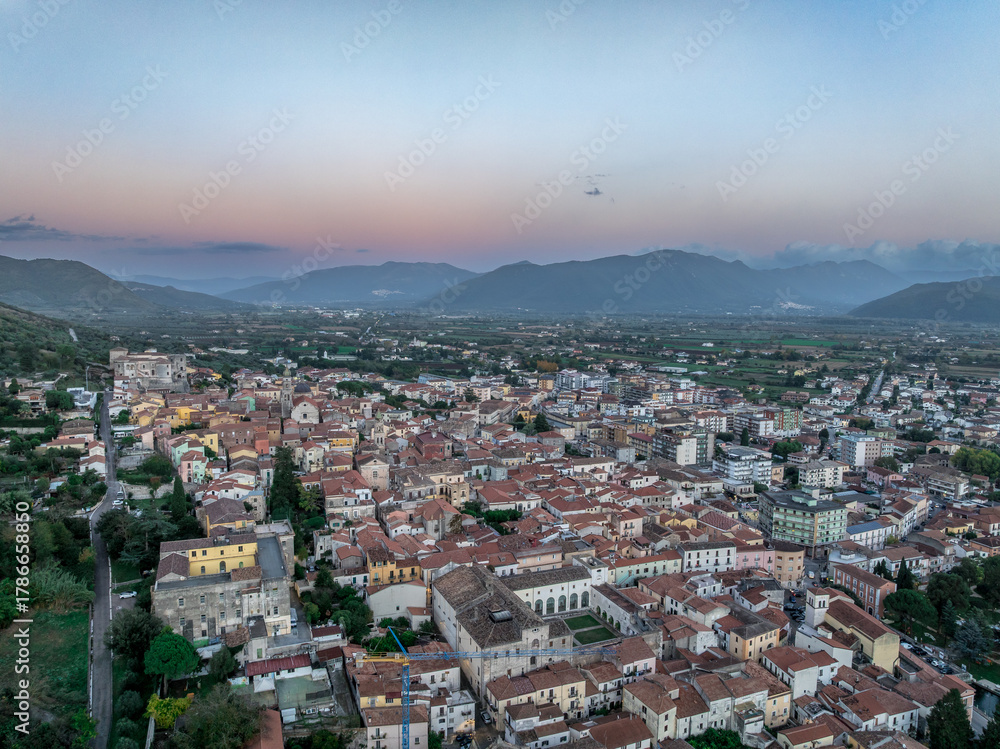 Obraz premium Aerial view of Venafro: Ancient Roman Heritage & Medieval Charm in Molise's Hilltop Town, Pandone castle