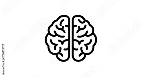 A minimalist black outline vector icon depicting a human brain, split into two hemispheres, representing intellect, health, and scientific concepts.