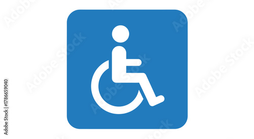 A clear blue square vector icon featuring a white universal accessibility symbol, representing a person in a wheelchair for public information.