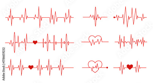 A diverse set of red heartbeat lines and electrocardiogram waveforms, some incorporating small heart symbols, illustrating vital signs and medical health.