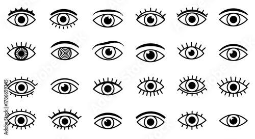 A diverse collection of minimalist outline eye icons representing various human vision concepts and spiritual symbolism, perfect for modern graphic design projects.