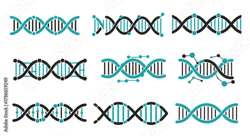 Collection of stylized DNA helix icons representing genetic research, biotechnology, and medical science in a clean vector graphic format.