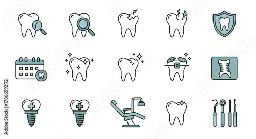 A collection of flat vector icons representing dental health, tooth care, and oral hygiene treatments on a white background.