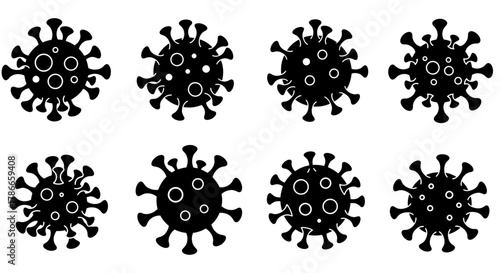 A vector illustration collection of black and white coronavirus shapes, providing a simple yet impactful visual representation of the virus for medical and informational designs.